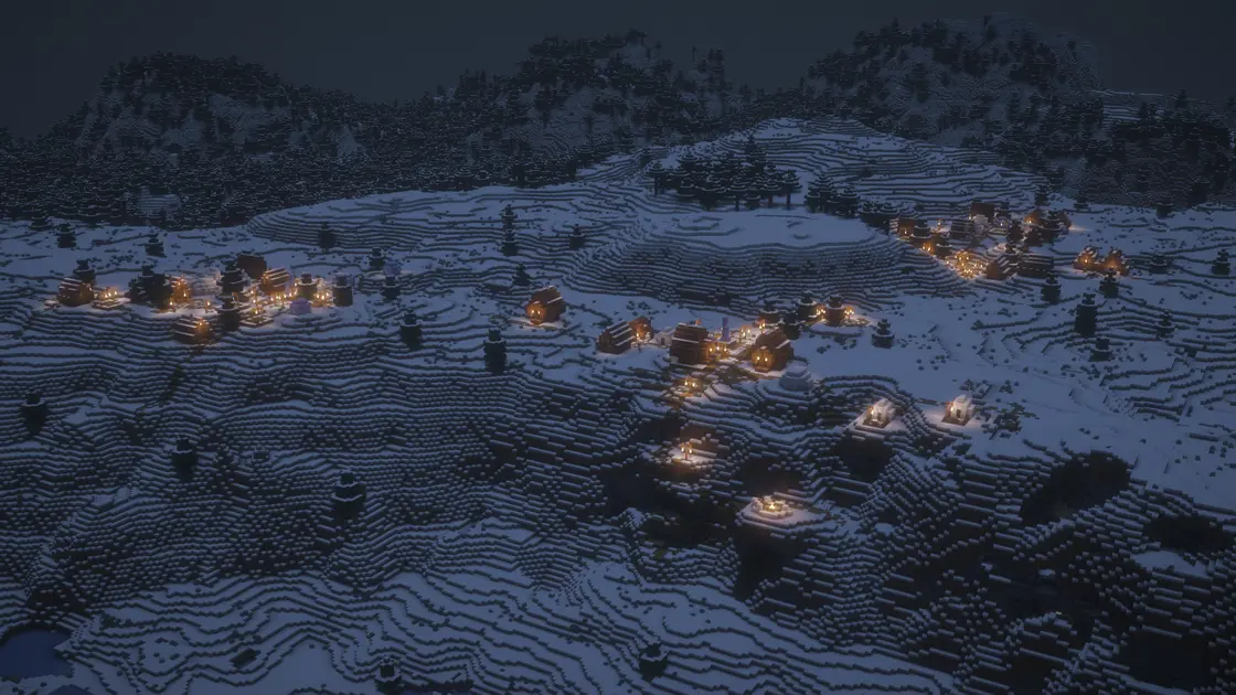 Świąteczny zimowy seed: trzy ośnieżone wsie nad biomem Ice Spikes