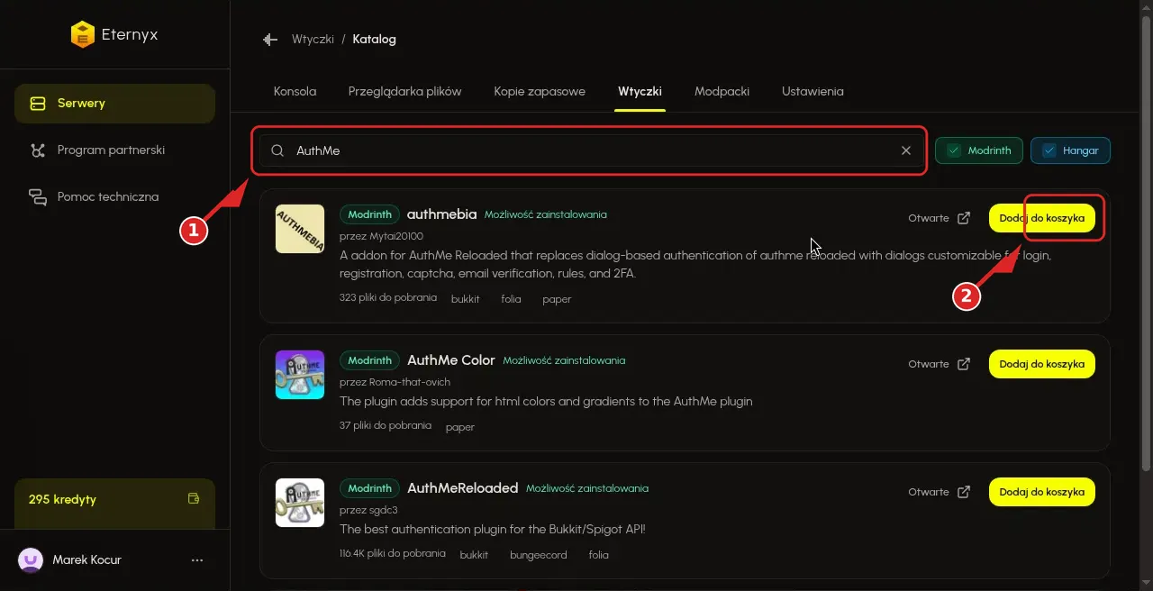 Karta Wtyczki z wyszukiwaniem AuthMeReloaded i przyciskiem instalacji