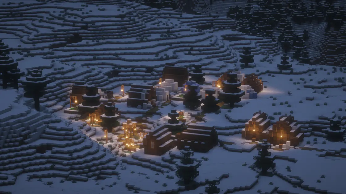 Świąteczny zimowy seed: trzy ośnieżone wsie nad biomem Ice Spikes