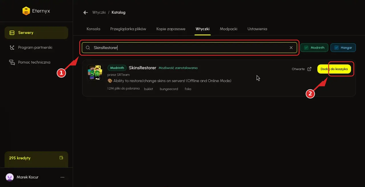 Karta Wtyczki z wyszukiwaniem SkinsRestorer i przyciskiem instalacji