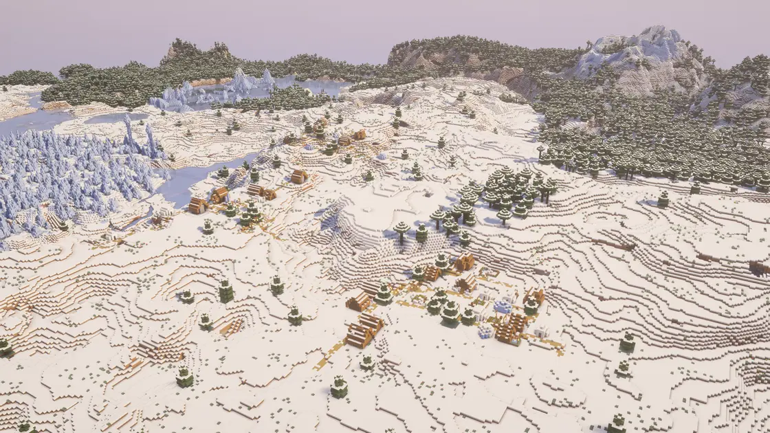 Świąteczny zimowy seed: trzy ośnieżone wsie nad biomem Ice Spikes