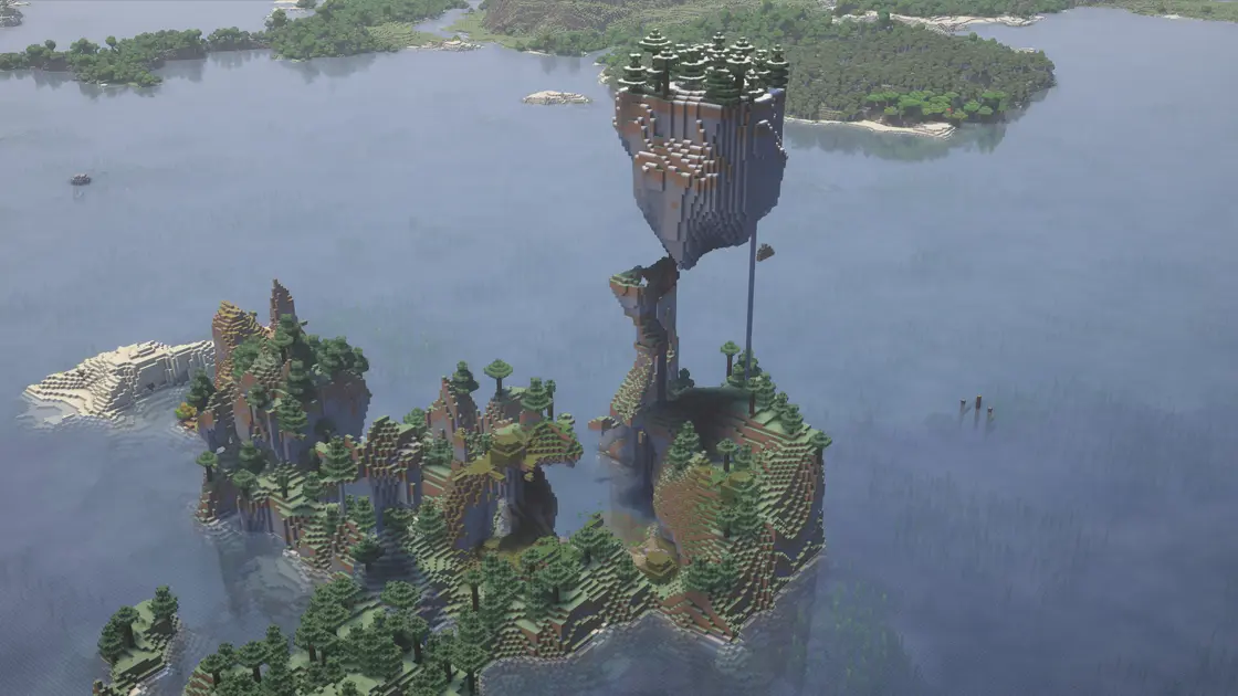 Latająca wyspa na środku oceanu obok dużego Mushroom Islandu