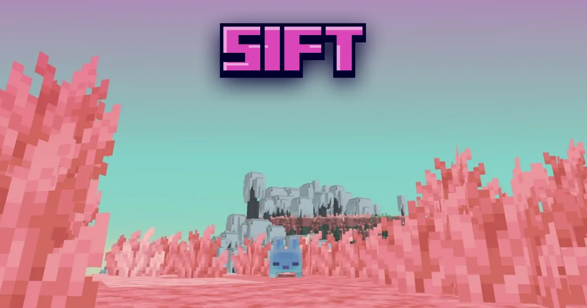 Nowy wymiar Sift w Minecrafcie: różowy krajobraz z napisem SIFT i niebieskim mobem, Minecraft LIVE