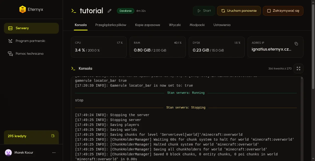 Karta Konsola serwera Minecraft w Eternyx Dashboard