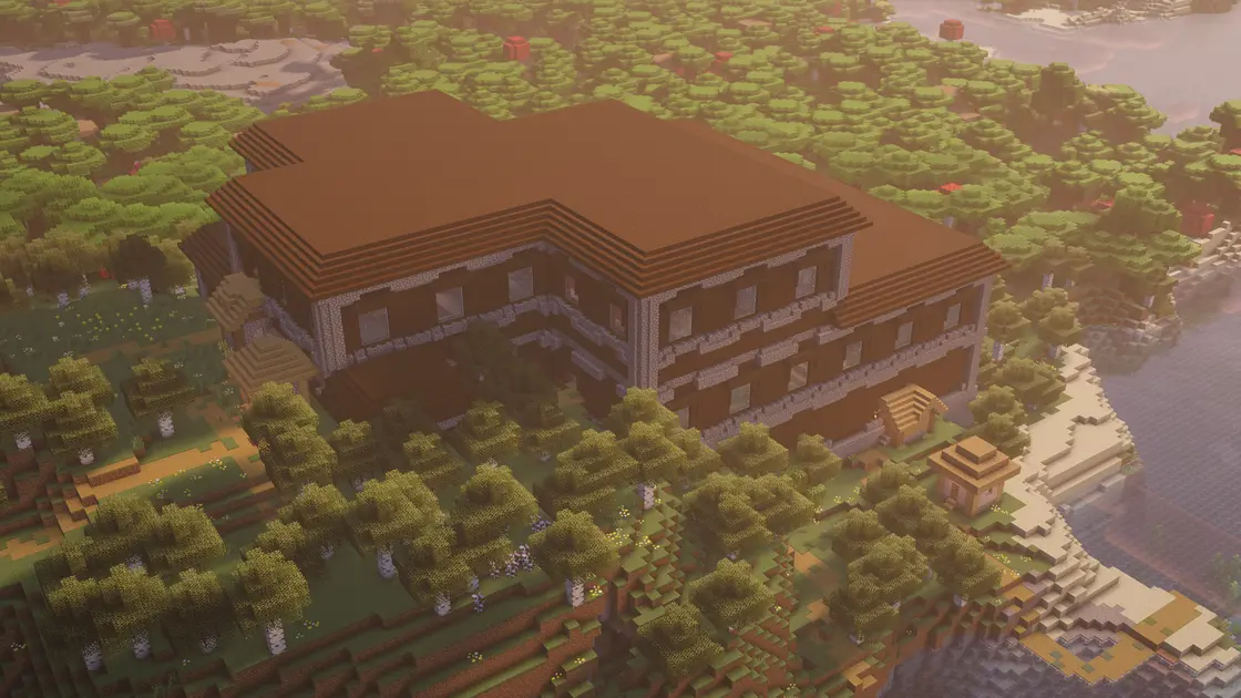 Woodland Mansion z wioską w środku tuż przy spawnie