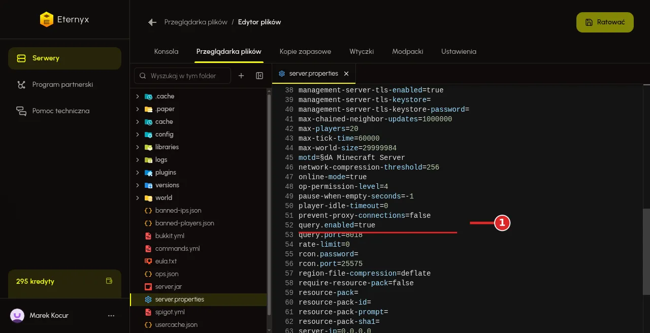 Wiersze resource-pack w edytorze server.properties
