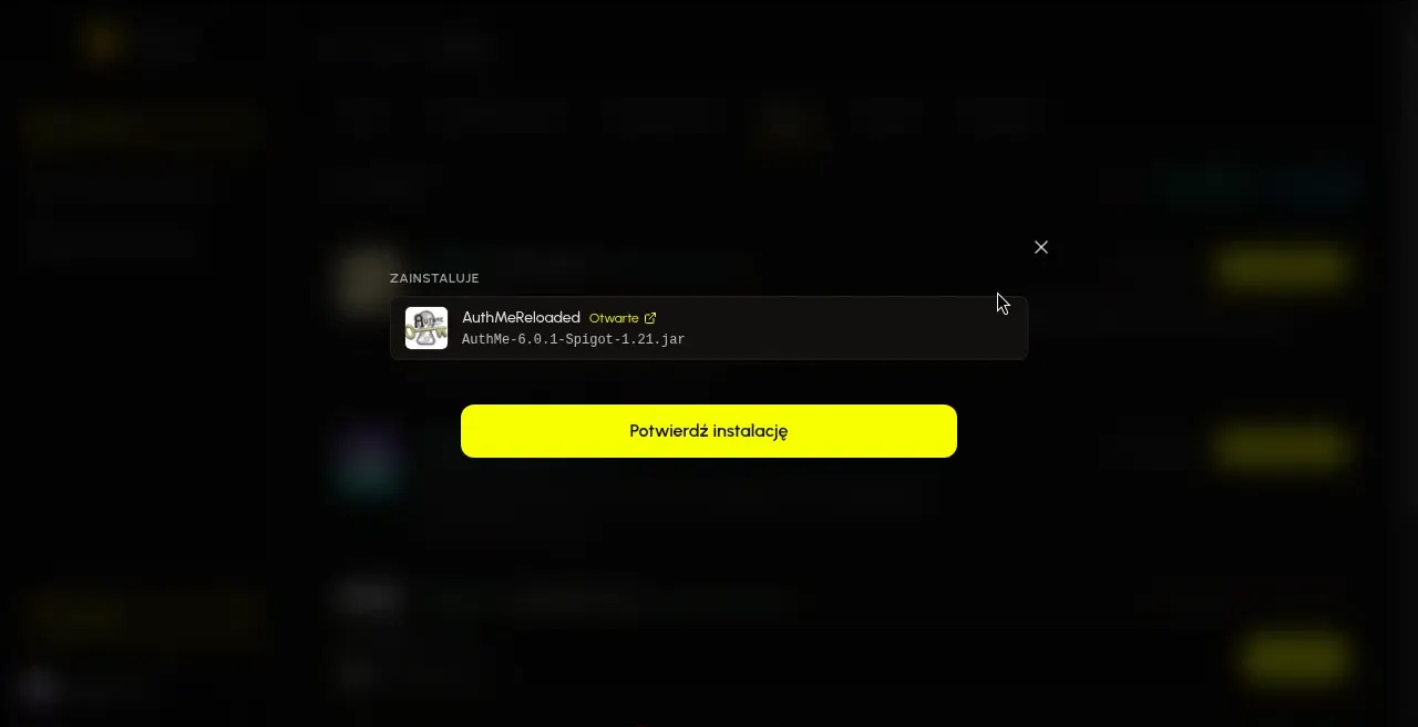 Okno instalacji AuthMeReloaded z przyciskiem Zainstaluj plugin