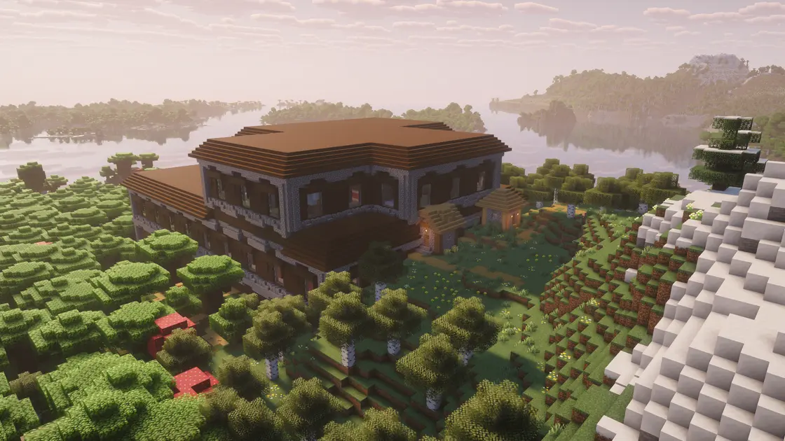 Woodland Mansion z wioską w środku tuż przy spawnie