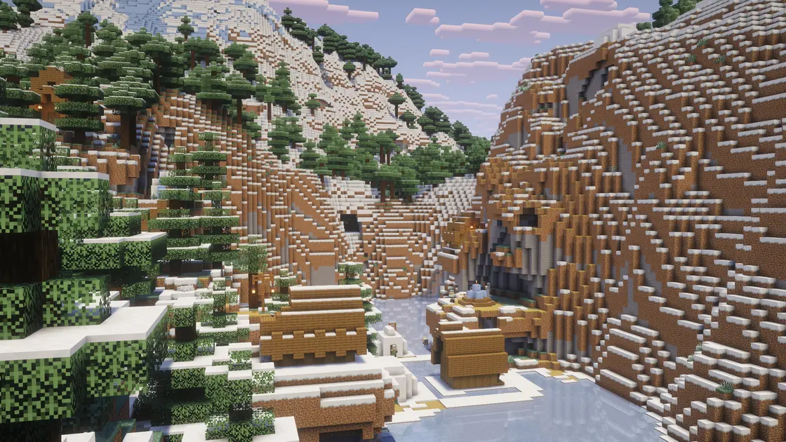 Świąteczny zimowy seed: trzy ośnieżone wsie nad biomem Ice Spikes