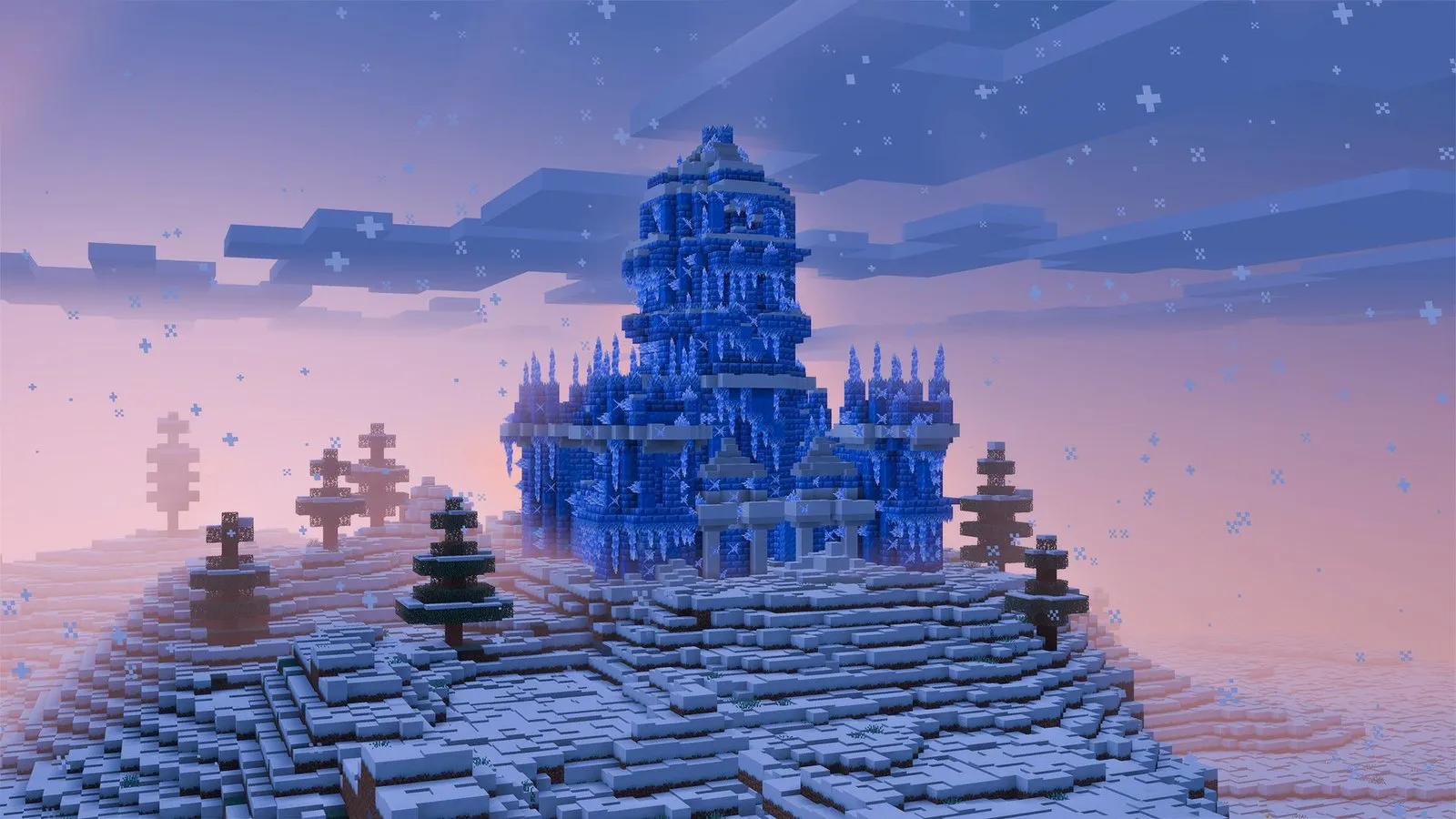 Niebieski lodowy zamek z Packed Ice Bricks na zaśnieżonym wzgórzu