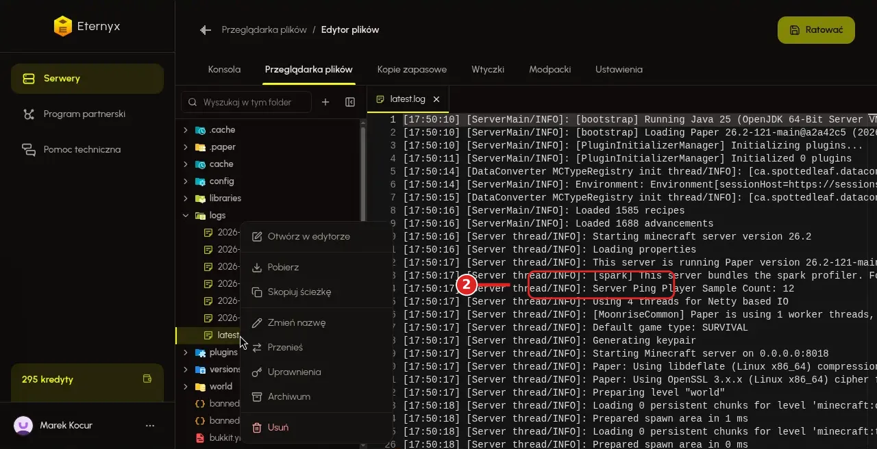 Pobieranie latest.log z folderu logs