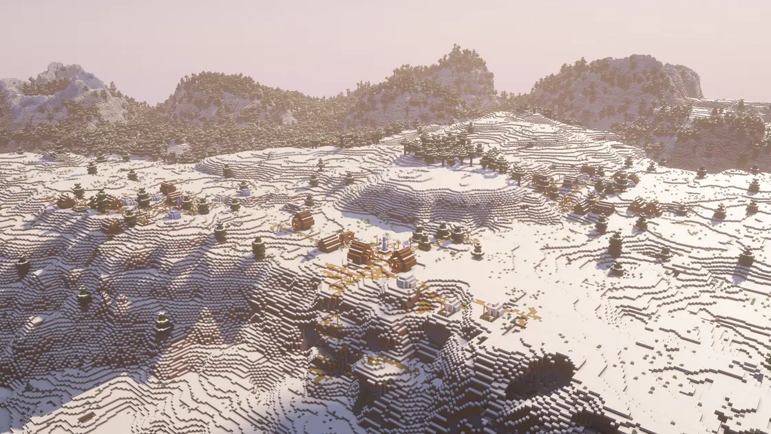 Świąteczny zimowy seed: trzy ośnieżone wsie nad biomem Ice Spikes