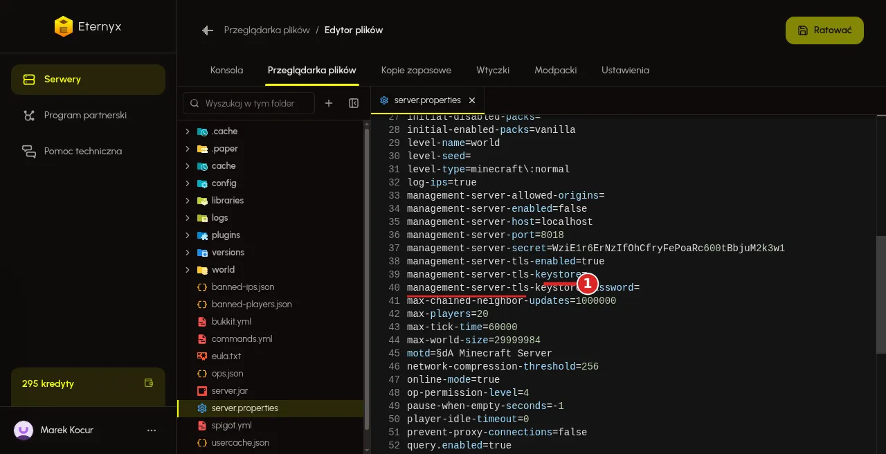 Wiersz online-mode w edytorze server.properties
