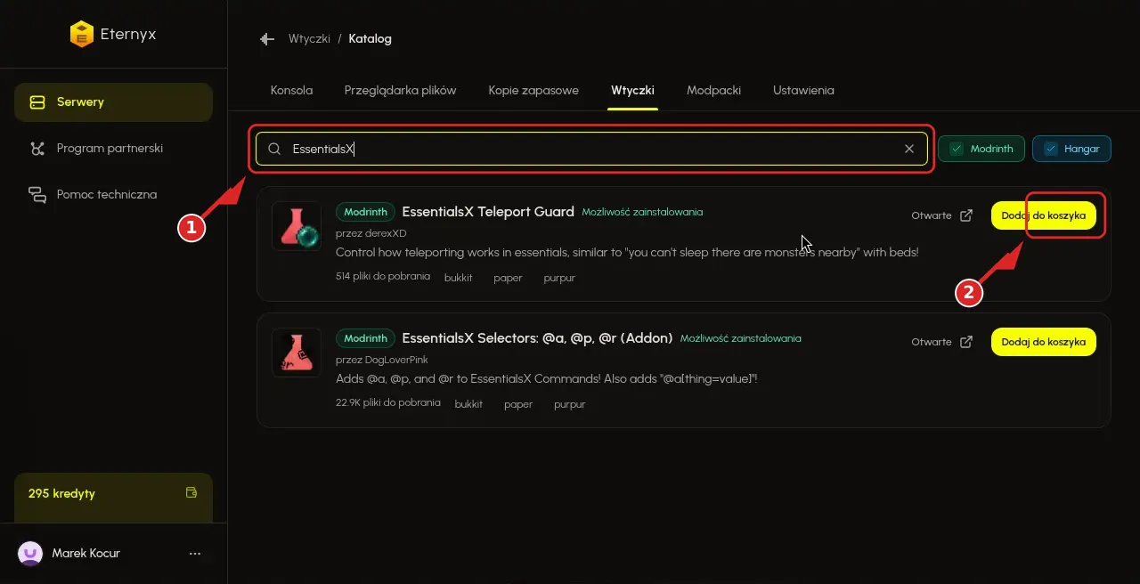 Karta Wtyczki z wyszukiwaniem EssentialsX i przyciskiem instalacji