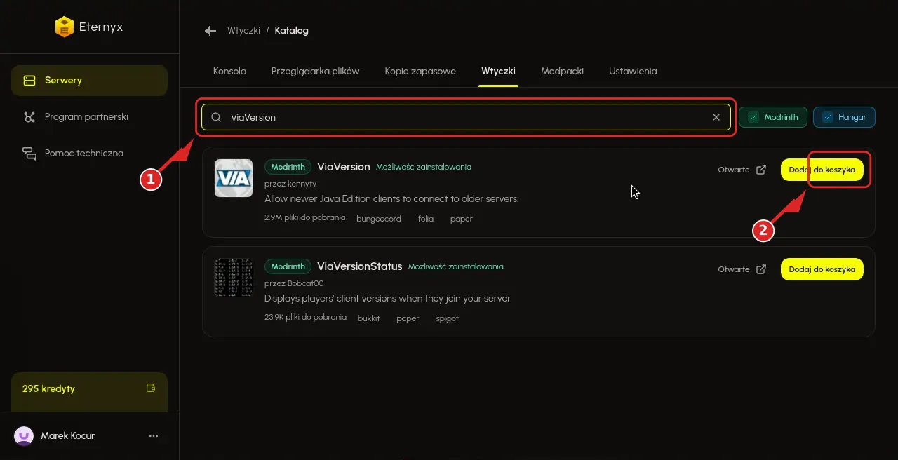 Karta Wtyczki z wyszukiwaniem ViaVersion i przyciskiem instalacji