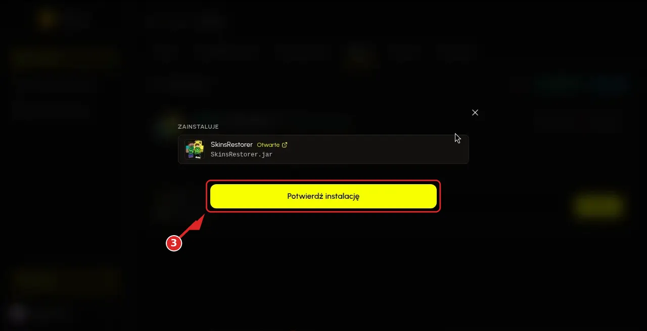 Okno instalacji SkinsRestorer z przyciskiem Zainstaluj plugin