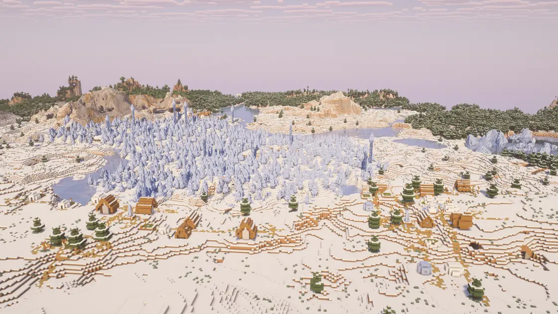 Świąteczny zimowy seed: trzy ośnieżone wsie nad biomem Ice Spikes