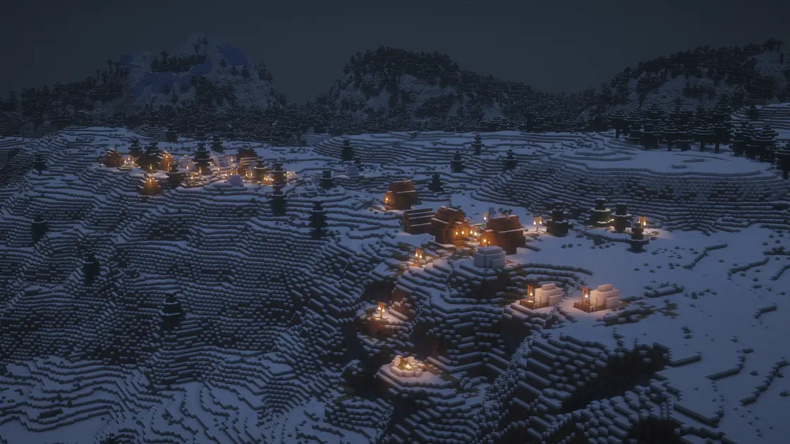 Świąteczny zimowy seed: trzy ośnieżone wsie nad biomem Ice Spikes